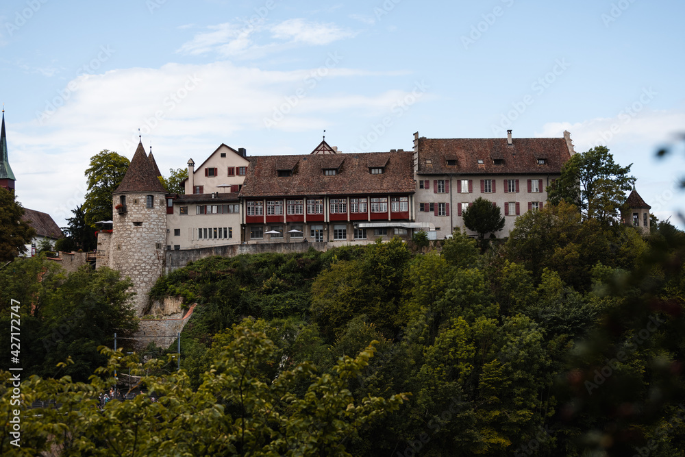 View of Castle Laufen in Schaffhausen - Neuhausen as seen from picturesque Rheinfall waterfall (Schaffhausen, Switzerland, Europe)