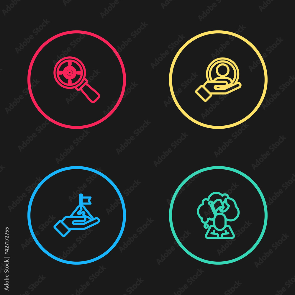 Set line Mountains with flag, Man holding, Hand for search people and Target magnifying glass icon. Vector Set line Mountains with flag, Man holding, Hand for search people and Target magnifying glass icon. Vector