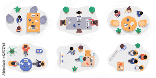 Business meeting. Brainstorming creative team idea discussion people. Teamwork staff around table top view