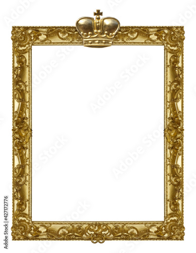 Golden frame with crown for paintings, mirrors or photo isolated on white background. Design element with clipping path
