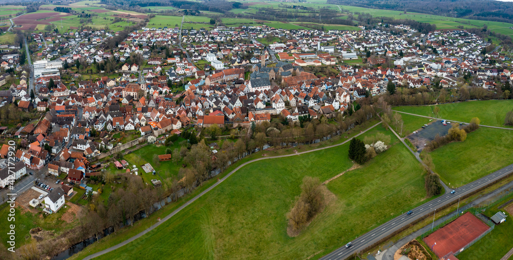 Aerial view of the old town Steinau an der Strasse in Germany, Hesse on an early spring day.