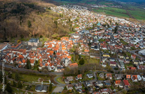 Aerial view of the city Wächtersbach in Germany, Hesse on a sunny early spring day photo