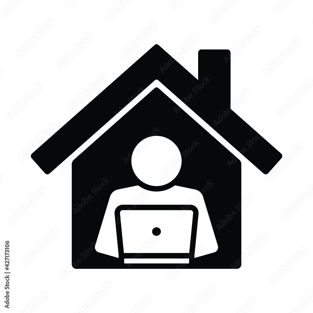 A man with laptop on house icon symbol, Work at home, Working remotely concept, Black isolated on white background, Vector design illustration A man with laptop on house icon symbol, Work at home, Working remotely concept, Black isolated on white background, Vector design illustration
