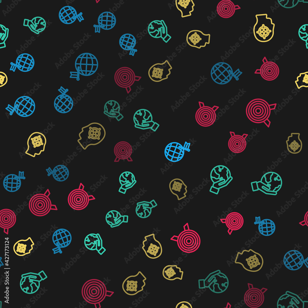 Set line Planet with flag, Hand holding Earth globe, Head hunting and Target on seamless pattern. Vector Set line Planet with flag, Hand holding Earth globe, Head hunting and Target on seamless pattern. Vector