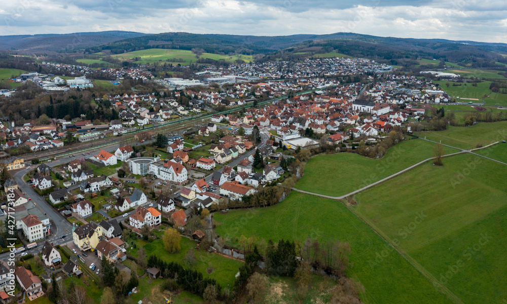 Aerial view of the city Bad Soden in Germany, Hesse on a sunny early spring day.