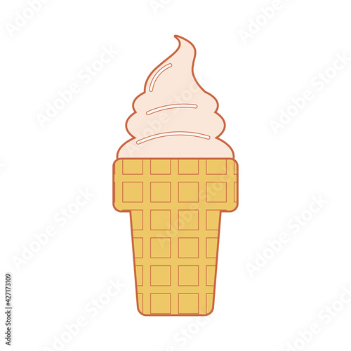 Line art vector illustration of waffle cone or cup with soft serve vanilla ice cream or gelato in pastel colors. Isolated on white background.