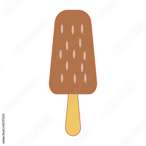 Line art vector illustration of chocolate covered ice cream bar with almond nuts on a stick or gelato in pastel colors. Isolated on white background.