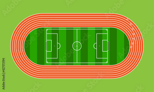 Running field and soccer field in green grass stadium background design