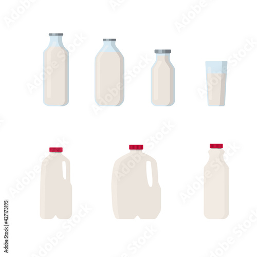Flat vector illustration set of milk, kefir in different plastic packages and bottles. Isolated on white background.