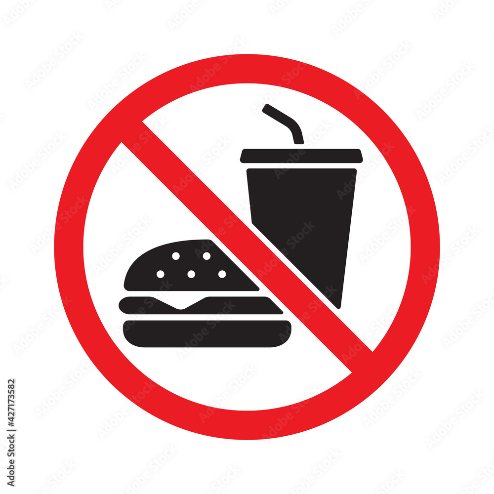 No eating or drinking sign, Prohibition symbol sticker for public