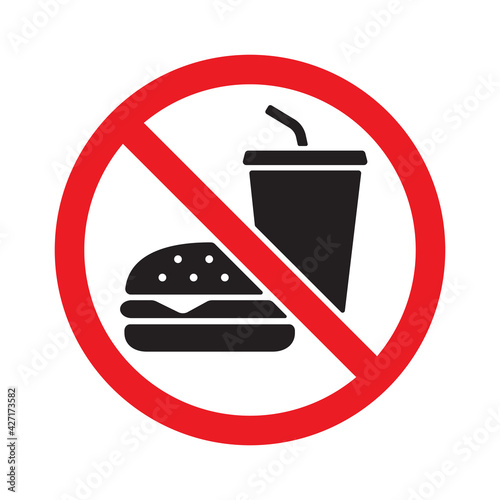 No eating or drinking sign, Prohibition symbol sticker for public places, Isolated on white background, Flat design vector illustration