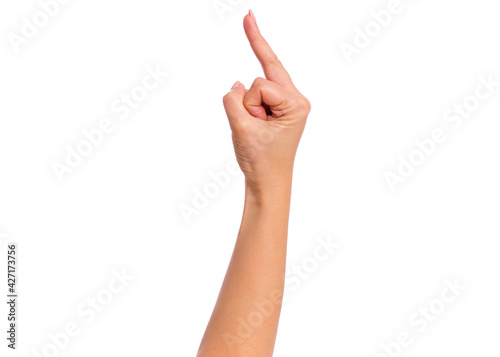 Obraz na plátně Female hand showing middle finger gesture, isolated on white background
