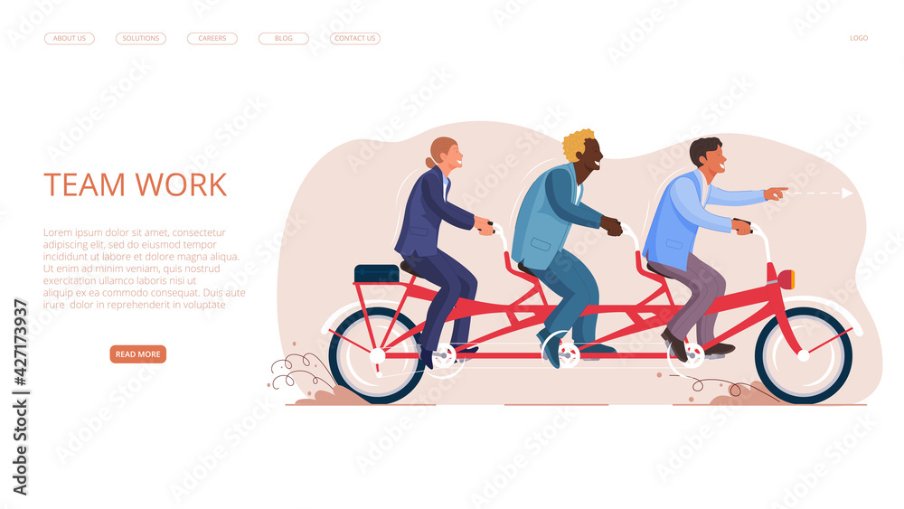 Fototapeta premium Teamwork people riding on tandem bike vector banner
