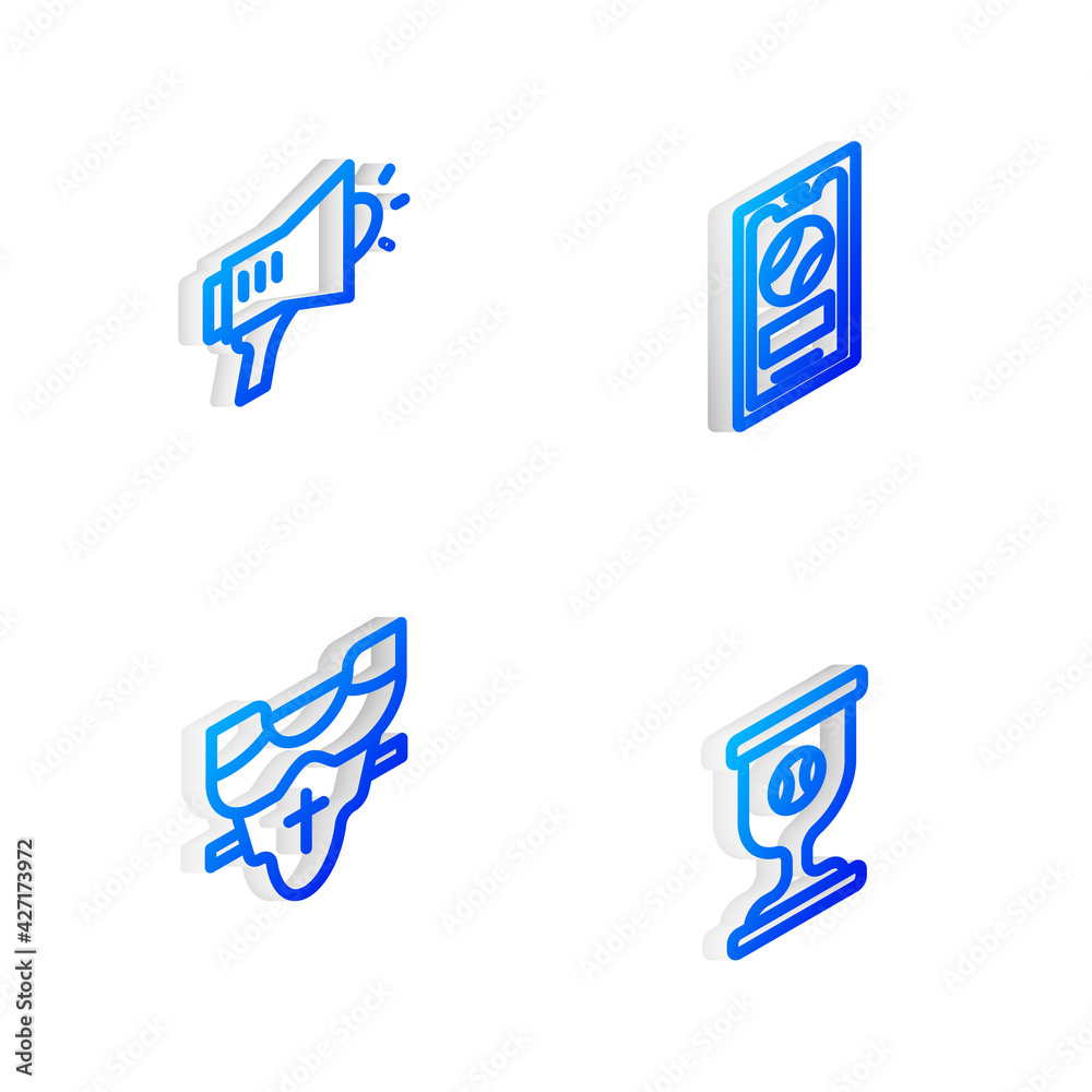 Set Isometric line Mobile with baseball ball, Megaphone, Player chest protector and Award cup icon. Vector Set Isometric line Mobile with baseball ball, Megaphone, Player chest protector and Award cup icon. Vector