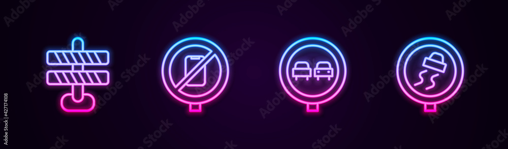 Set line Road barrier, No cell phone, overtaking road traffic and Slippery. Glowing neon icon. Vector Set line Road barrier, No cell phone, overtaking road traffic and Slippery. Glowing neon icon. Vector