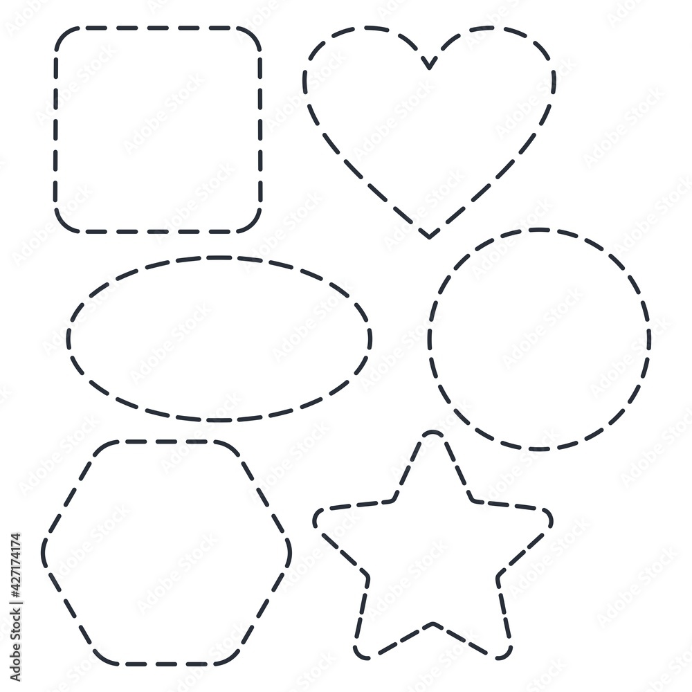 A set of geometric shapes for cutting. Oval, circle, hexagon, square, star, heart. Vector illustration isolated on white background. A set of geometric shapes for cutting. Oval, circle, hexagon, square, star, heart. Vector illustration isolated on white background.