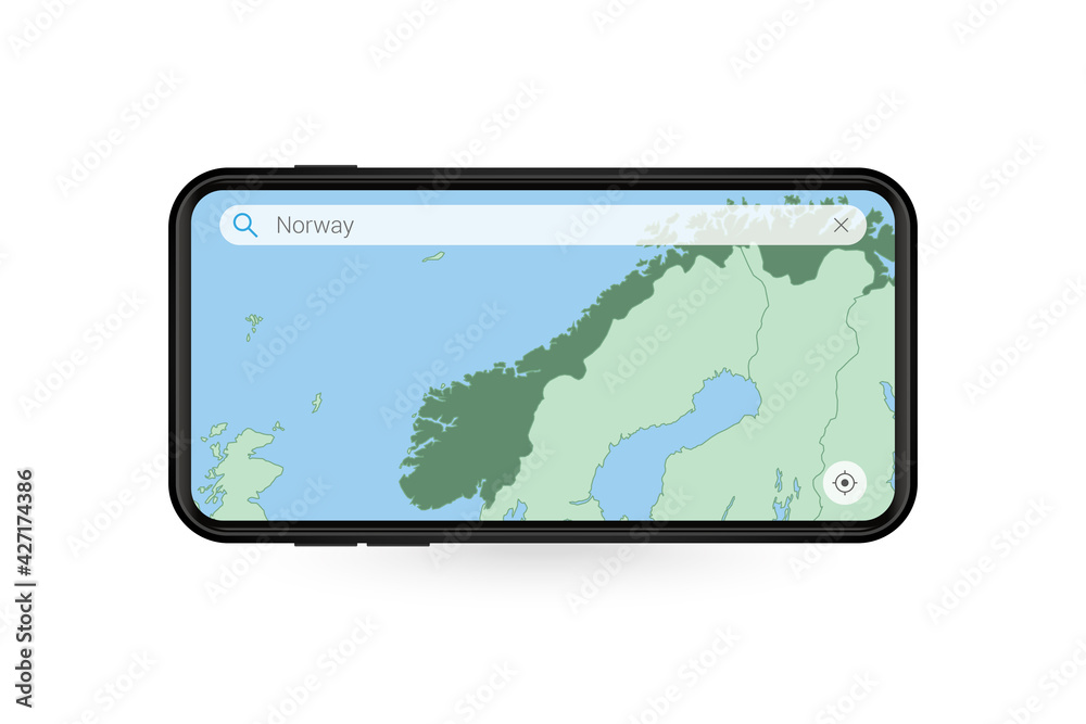 Searching map of Norway in Smartphone map application. Map of Norway in Cell Phone. Searching map of Norway in Smartphone map application. Map of Norway in Cell Phone.