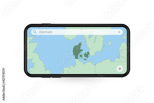 Searching map of Denmark in Smartphone map application. Map of Denmark in Cell Phone.
