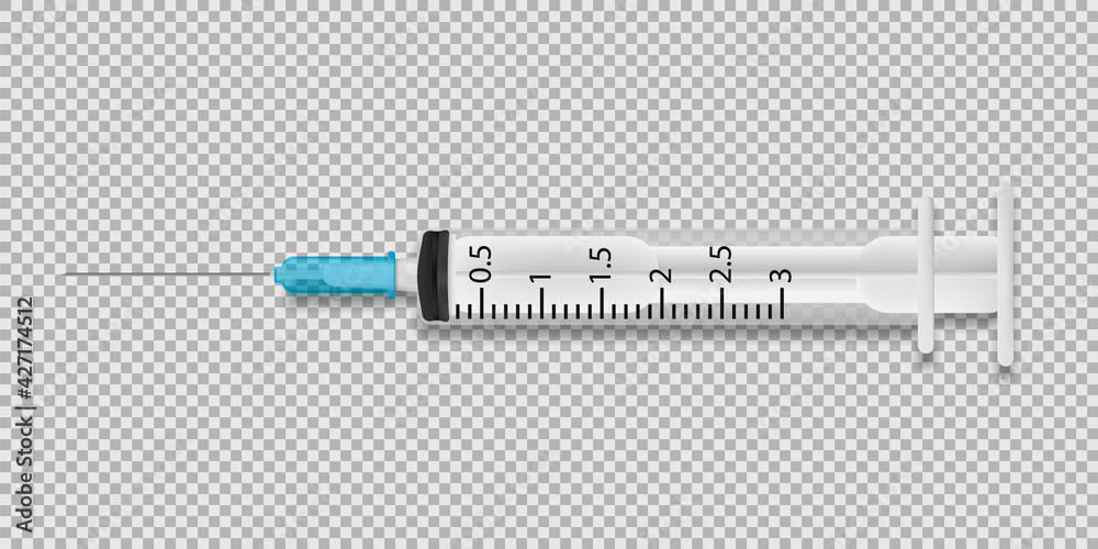 Obraz premium Realistic medical disposable syringe with needle. Applicable for vaccine injection, vaccination. Vector illustration.