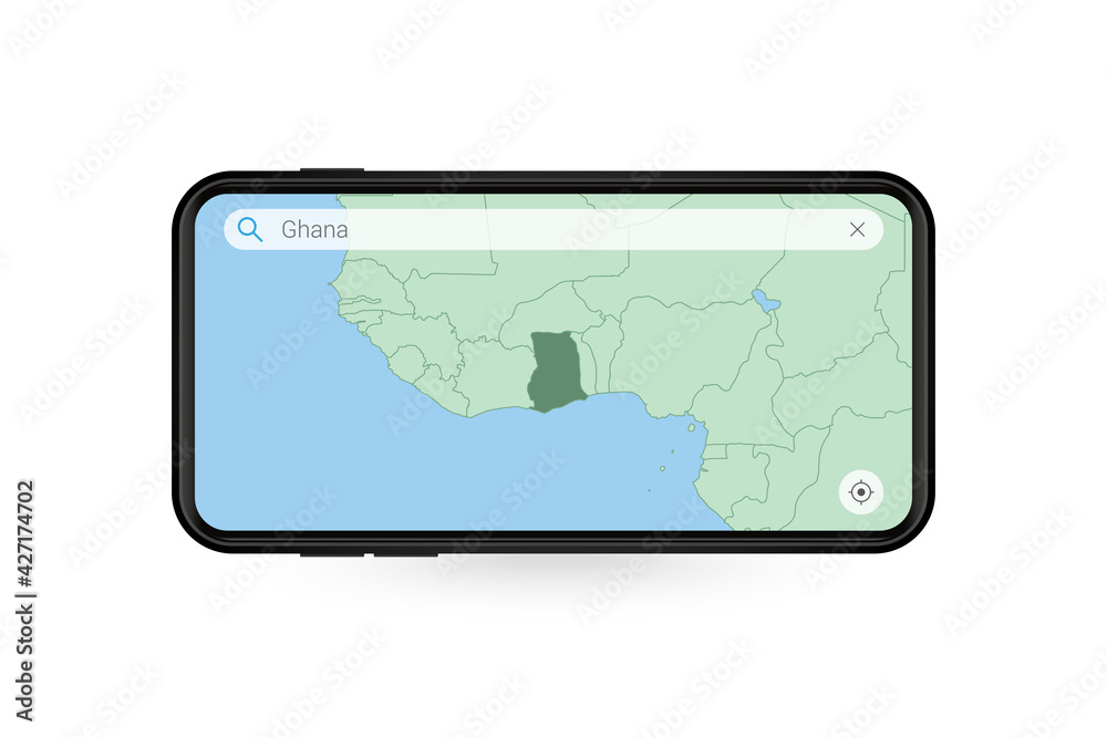Searching map of Ghana in Smartphone map application. Map of Ghana in Cell Phone. Searching map of Ghana in Smartphone map application. Map of Ghana in Cell Phone.