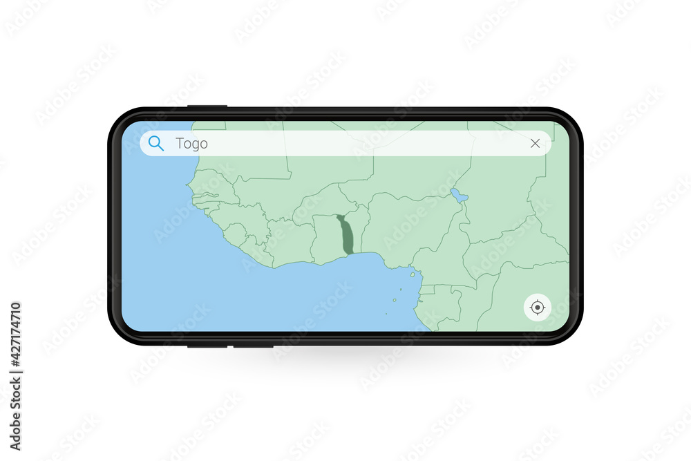 Searching map of Togo in Smartphone map application. Map of Togo in Cell Phone. Searching map of Togo in Smartphone map application. Map of Togo in Cell Phone.