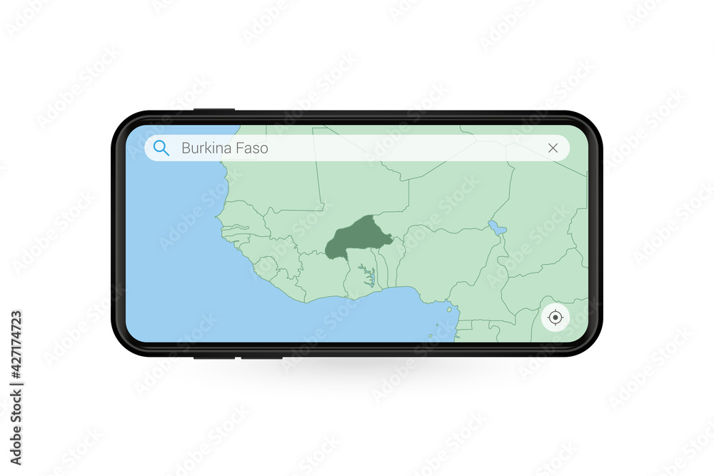 Searching map of Burkina Faso in Smartphone map application. Map of Burkina Faso in Cell Phone. Searching map of Burkina Faso in Smartphone map application. Map of Burkina Faso in Cell Phone.