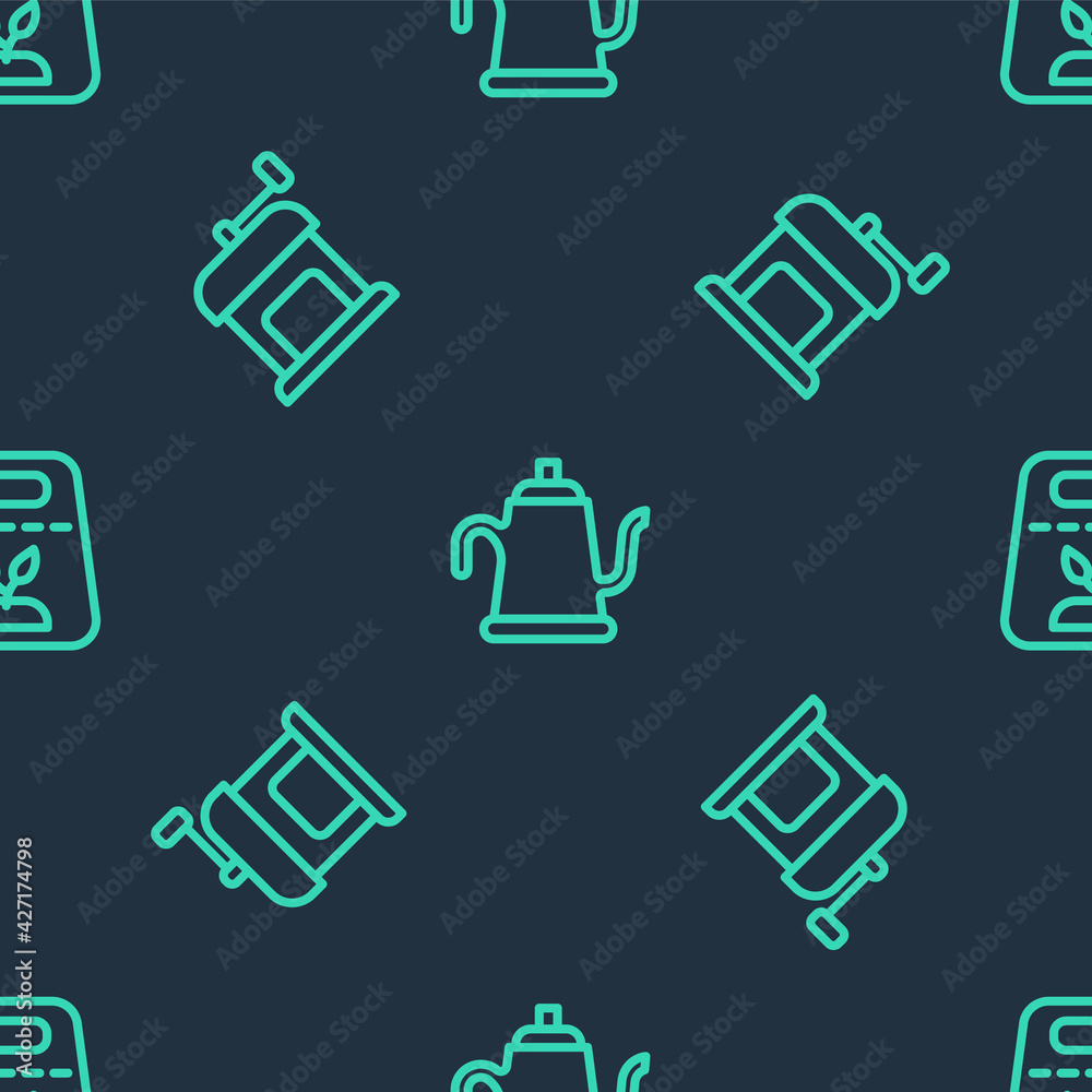 Set line Watering can, Manual coffee grinder and Pack full seeds plant on seamless pattern. Vector Set line Watering can, Manual coffee grinder and Pack full seeds plant on seamless pattern. Vector