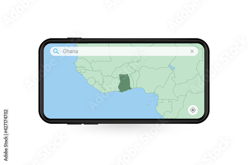 Searching map of Ghana in Smartphone map application. Map of Ghana in Cell Phone.