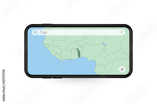 Searching map of Togo in Smartphone map application. Map of Togo in Cell Phone.