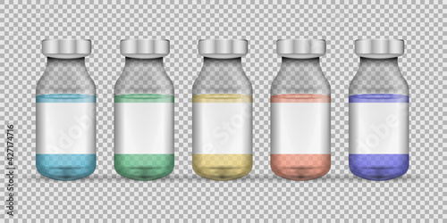 Set of transparent glass medical vials. Vector illustration.