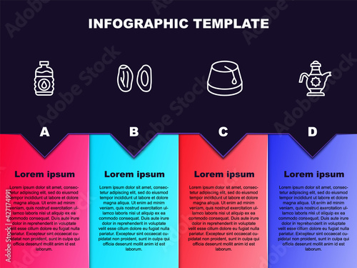 Set line Bottle of water, Date fruit, Turkish hat and Islamic teapot. Business infographic template. Vector