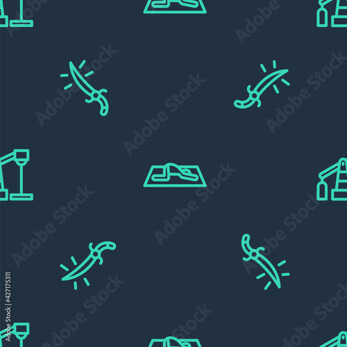 Set line Muslim man prays, Arabian saber and Oil pump or pump jack on seamless pattern. Vector
