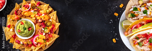 Mexican food banner for a restaurant menu. Top shot of nachos and tacos