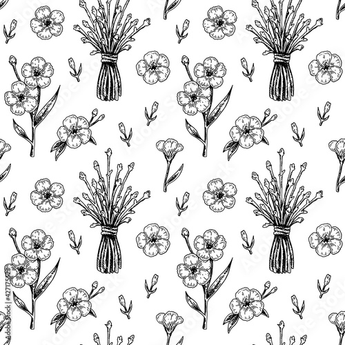 Spring flowers seamless pattern with hand drawn design elements. Vector illustration in sketch stile.