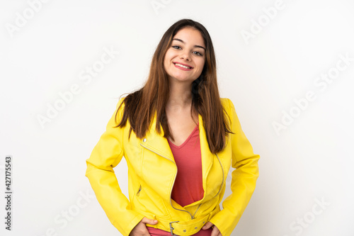 Young caucasian woman isolated on white background laughing