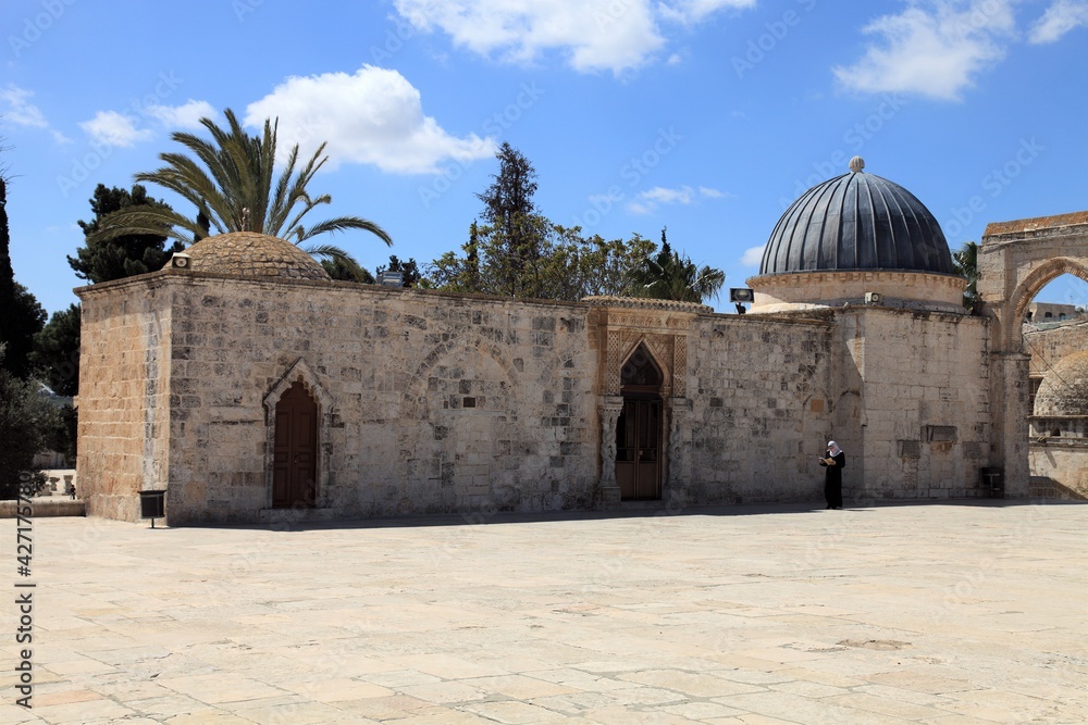 Mosque of Al-aqsa (Dome of the Rock) in Old Town. There are many historical buildings in the courtyard of Masjid Aksa Mosque. Jerusalem, Israel.