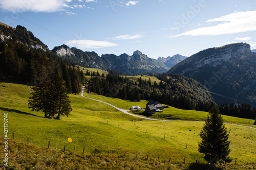 Picturesque valley in the Appenzell region in the Alps during a clear summer day (Appenzell, Switzerland, Europe)