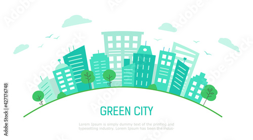 Banner or poster with an ecological green city.