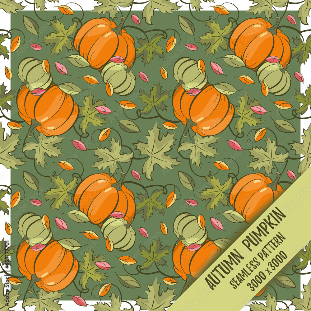 Ripe pumpkin. Autumn seamless pattern. Juicy and bright in grassy green and orange colors. For fabric, packaging, designer paper, and wallpaper.