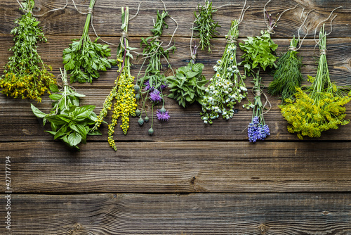 Assorted garden fresh herbs on wood