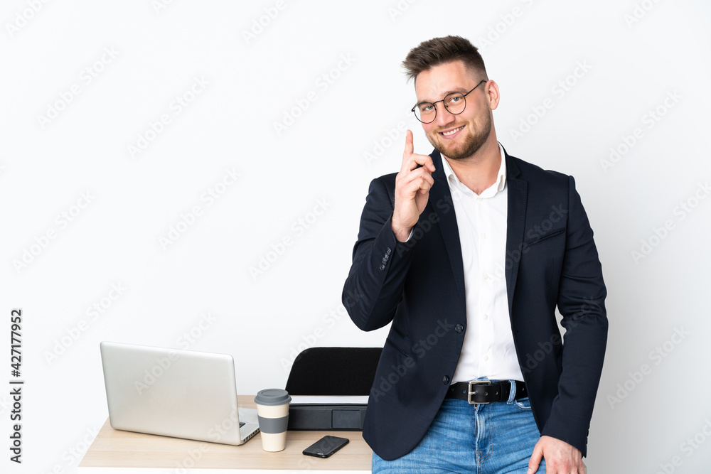 Russian man in a office isolated on white background showing and lifting a finger in sign of the best Russian man in a office isolated on white background showing and lifting a finger in sign of the best