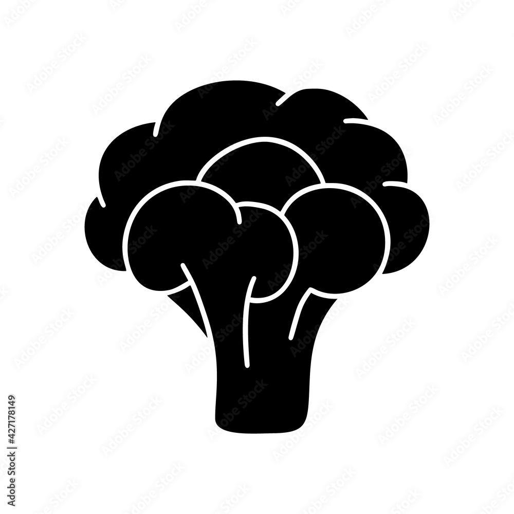 Broccoli, head of cabbage. Silhouette icon. Black simple illustration of raw vegetable. Contour isolated vector pictogram on white background Broccoli, head of cabbage. Silhouette icon. Black simple illustration of raw vegetable. Contour isolated vector pictogram on white background