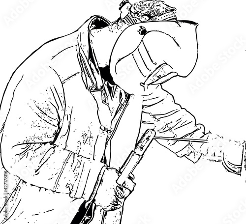 Black and white drawing of a welder at work
