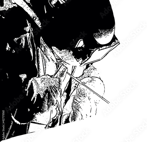 Black and white drawing of a welder at work
