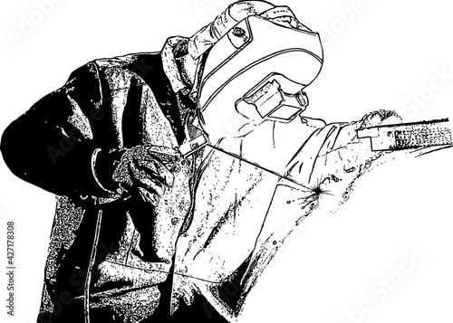 Black and white drawing of a welder at work