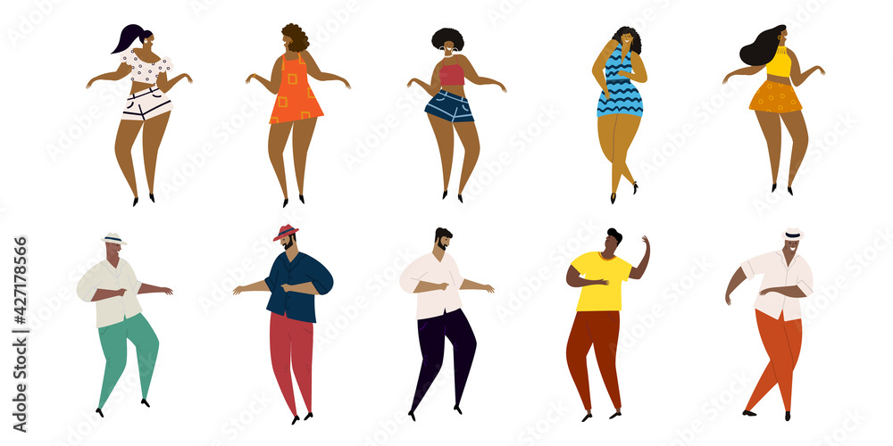 Set of vector hand drawn cartoon illustrations of latino, carribean, african men and women dancing mambo, bachata, salsa, merengue.