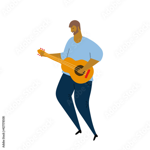 Hand drawn vector illustration of cartoon abstract style man playing a guitar or cuban tres. Isolated on white background.