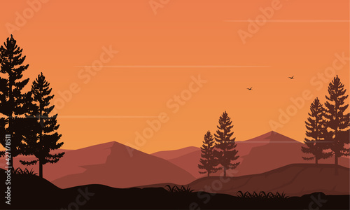Incredible mountain views with wonderful orange sky at dusk in the afternoon. Vector illustration