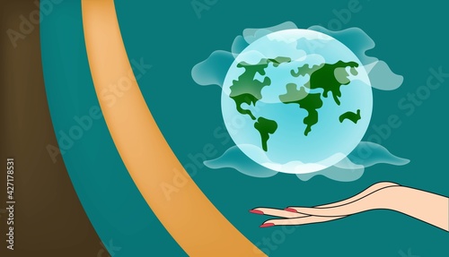 Vector illustration for Earth Day. Female hand and globe. Flat cartoon style on a green background. Vector design. The concept of protecting the planet, respecting it.
