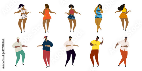 Set of vector hand drawn cartoon illustrations of latino, carribean, african men and women dancing mambo, bachata, salsa, merengue.